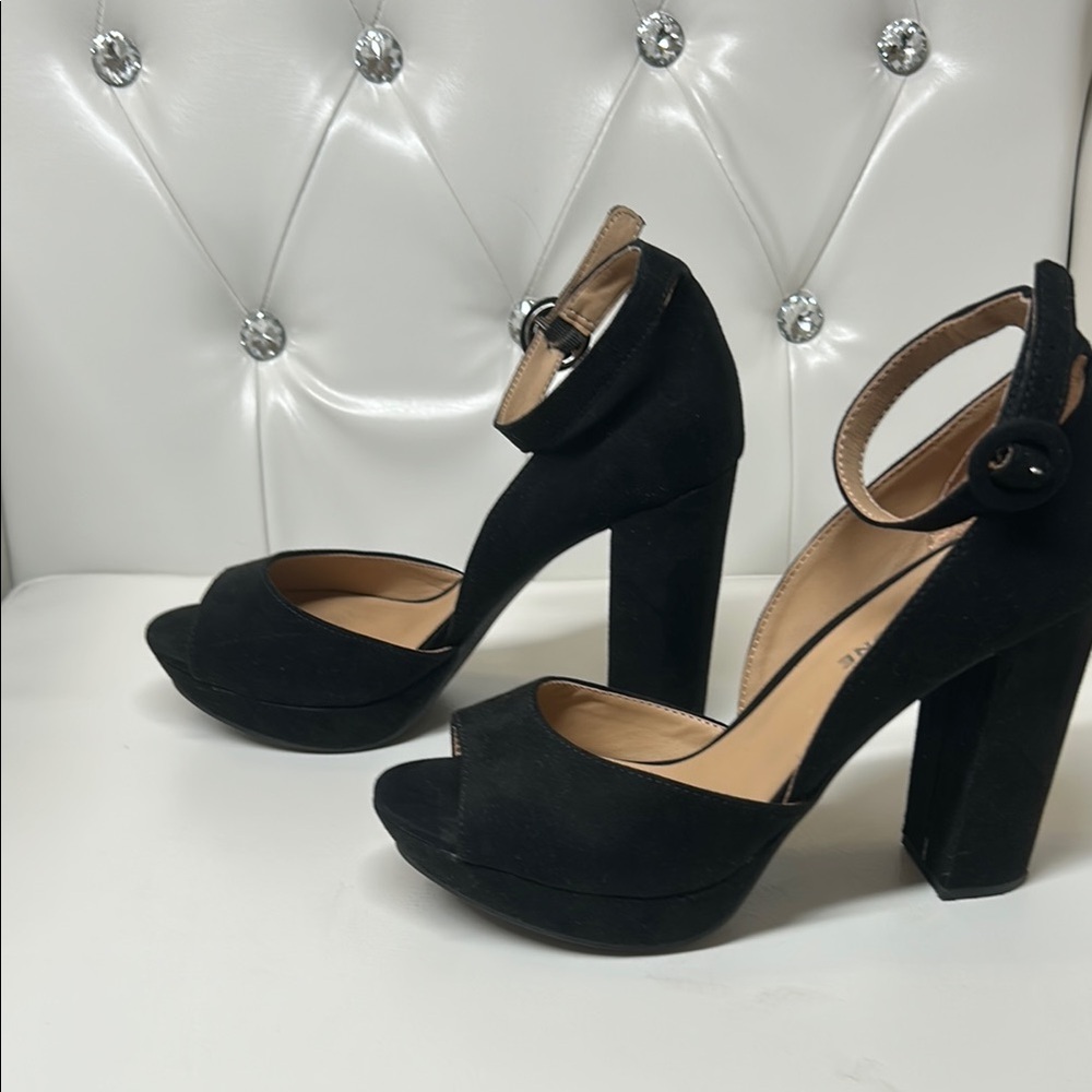 Sun + Stone Black Stiletto Heels with Ankle Strap